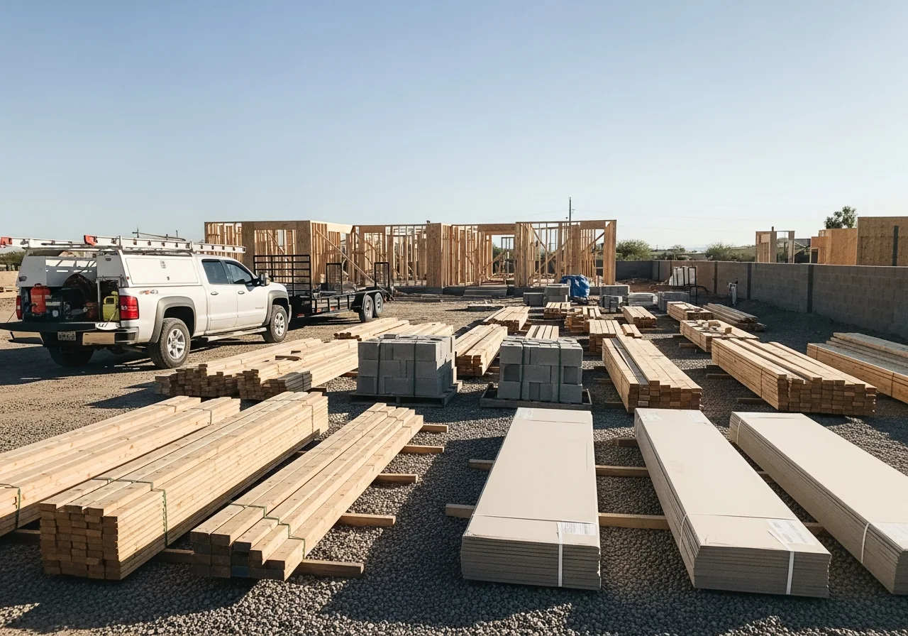 Construction crew and tools on a residential job site, showcasing professional contracting equipment and materials.