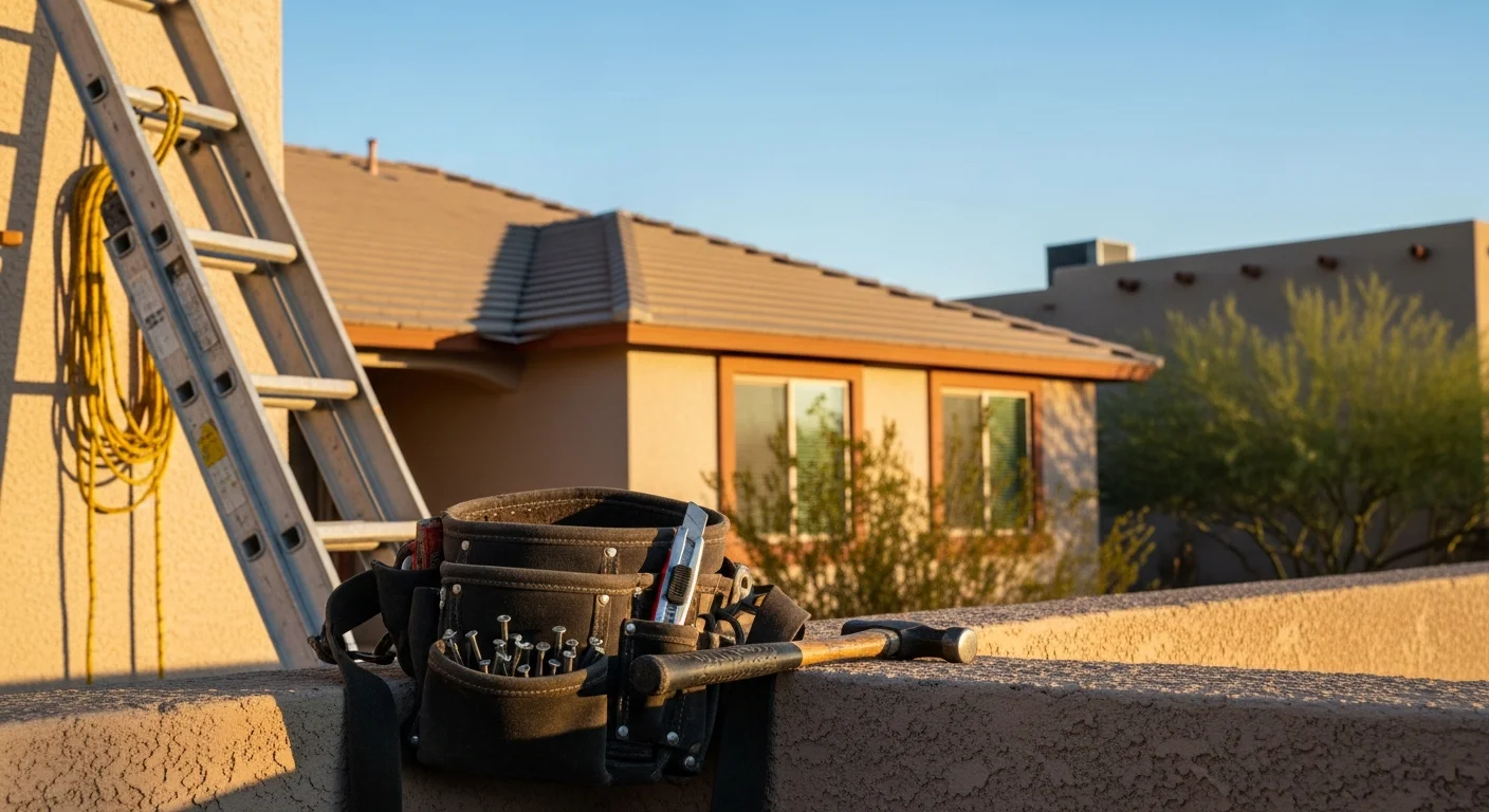 Professional roofer installing new shingles on residential home in Wittmann, Arizona