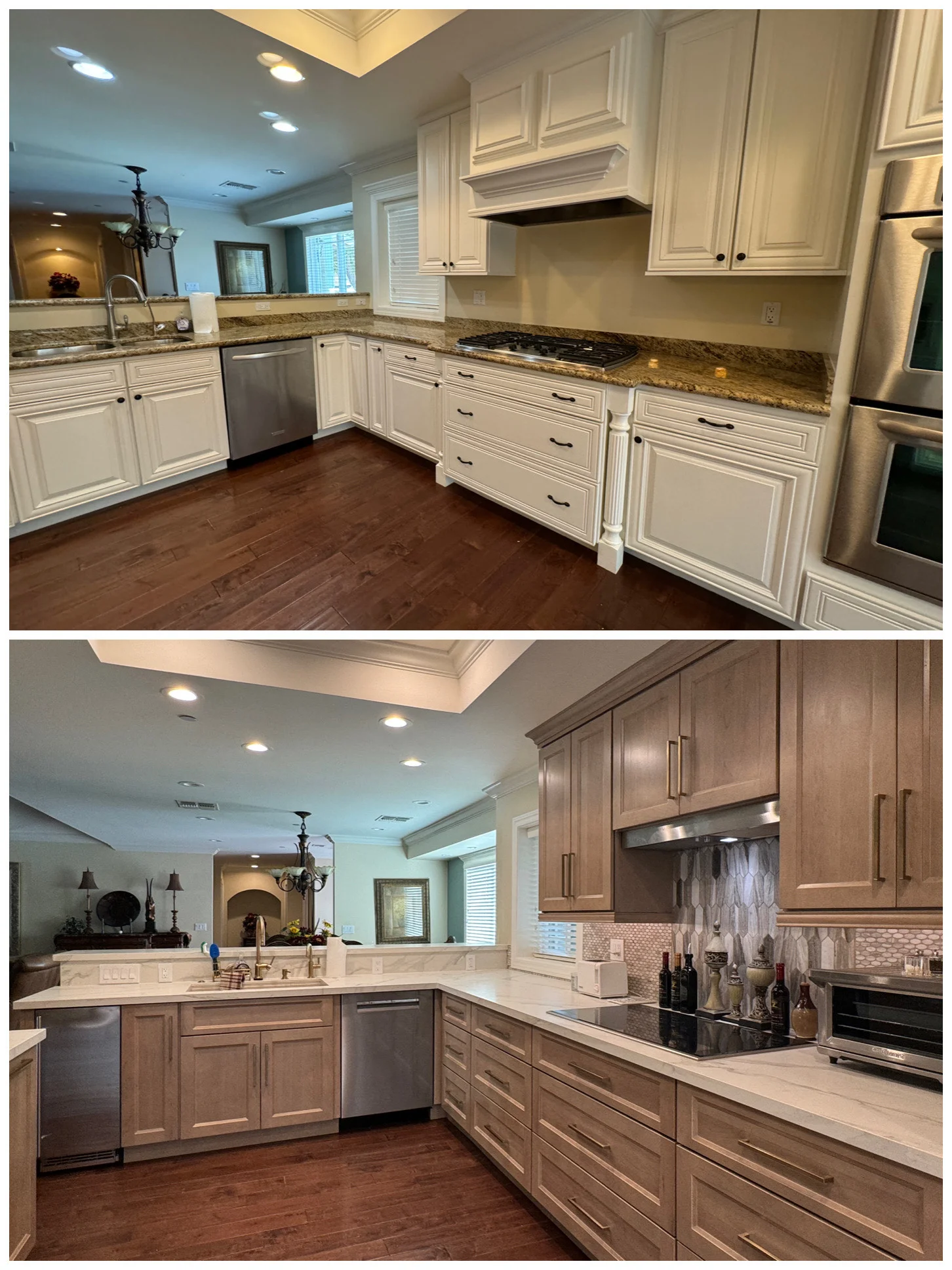 White painted kitchen cabinets with granite counters, stainless steel appliances, and hardwood flooring