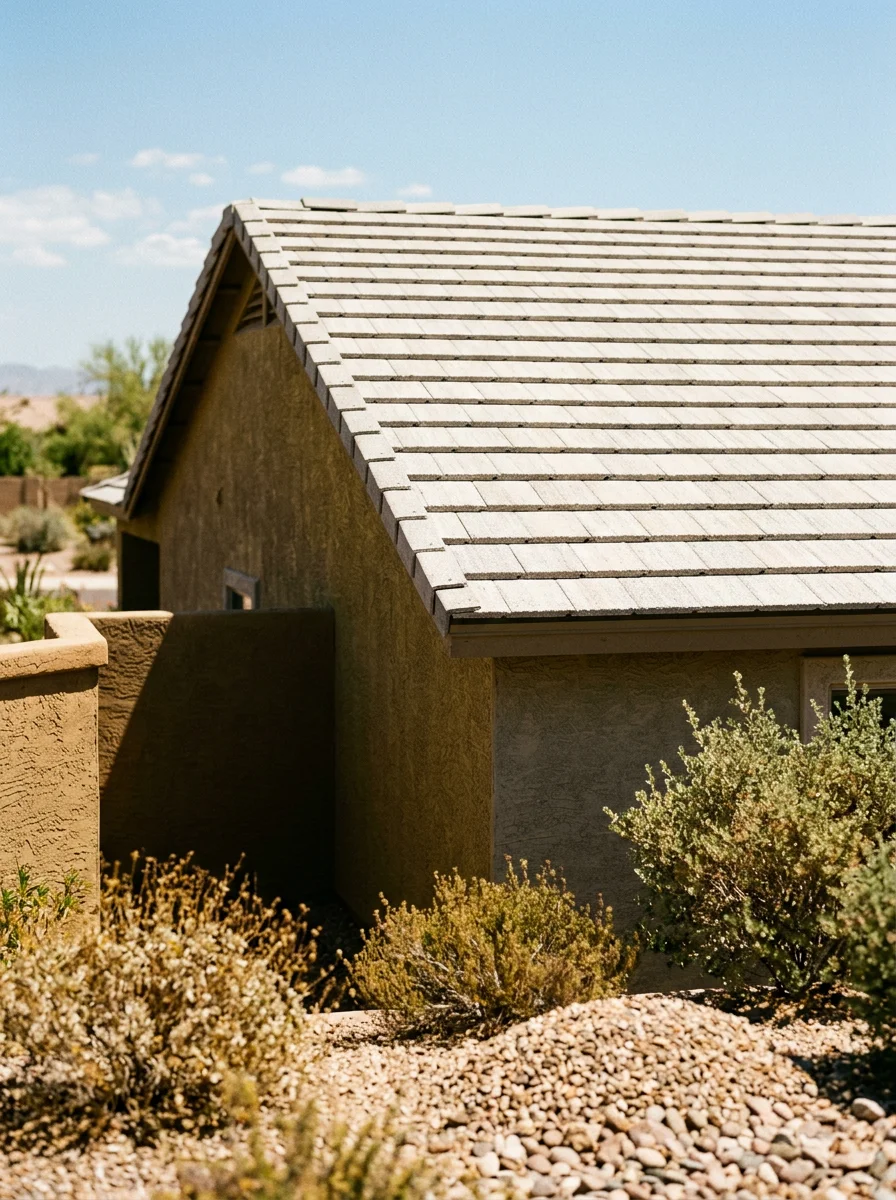 Newly installed cool roof system on a Goodyear home under intense Arizona sun, showing heat-reflective shingles protecting against desert UV exposure