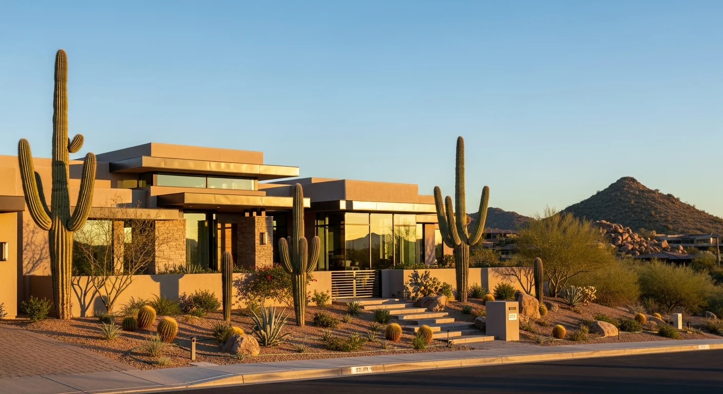 Upscale Scottsdale home with desert landscaping, clean lines, and professional exterior finishing.