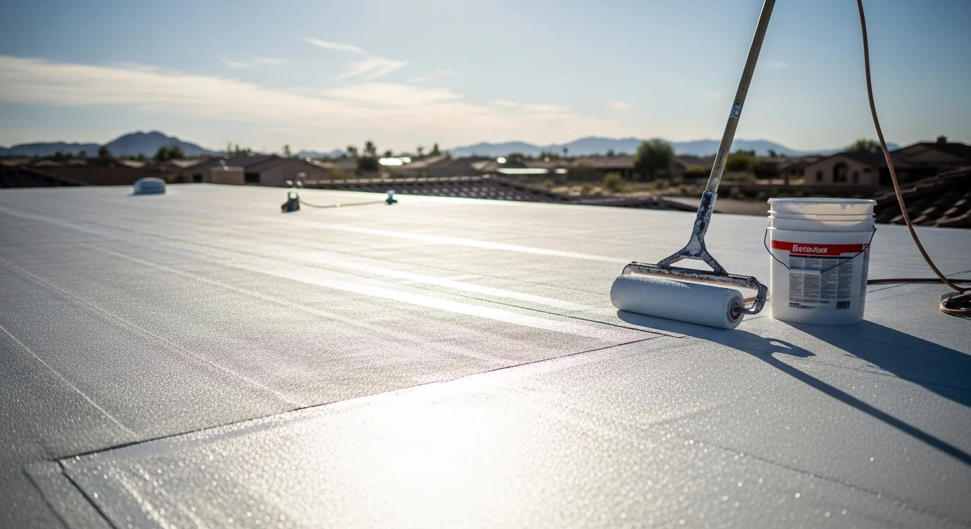 A Sun City residential home with a newly installed white reflective cool roof coating on a low-slope surface, viewed from street level under a clear Arizona sky. The finished roof surface shows a uniform, bright finish designed to reflect desert heat.