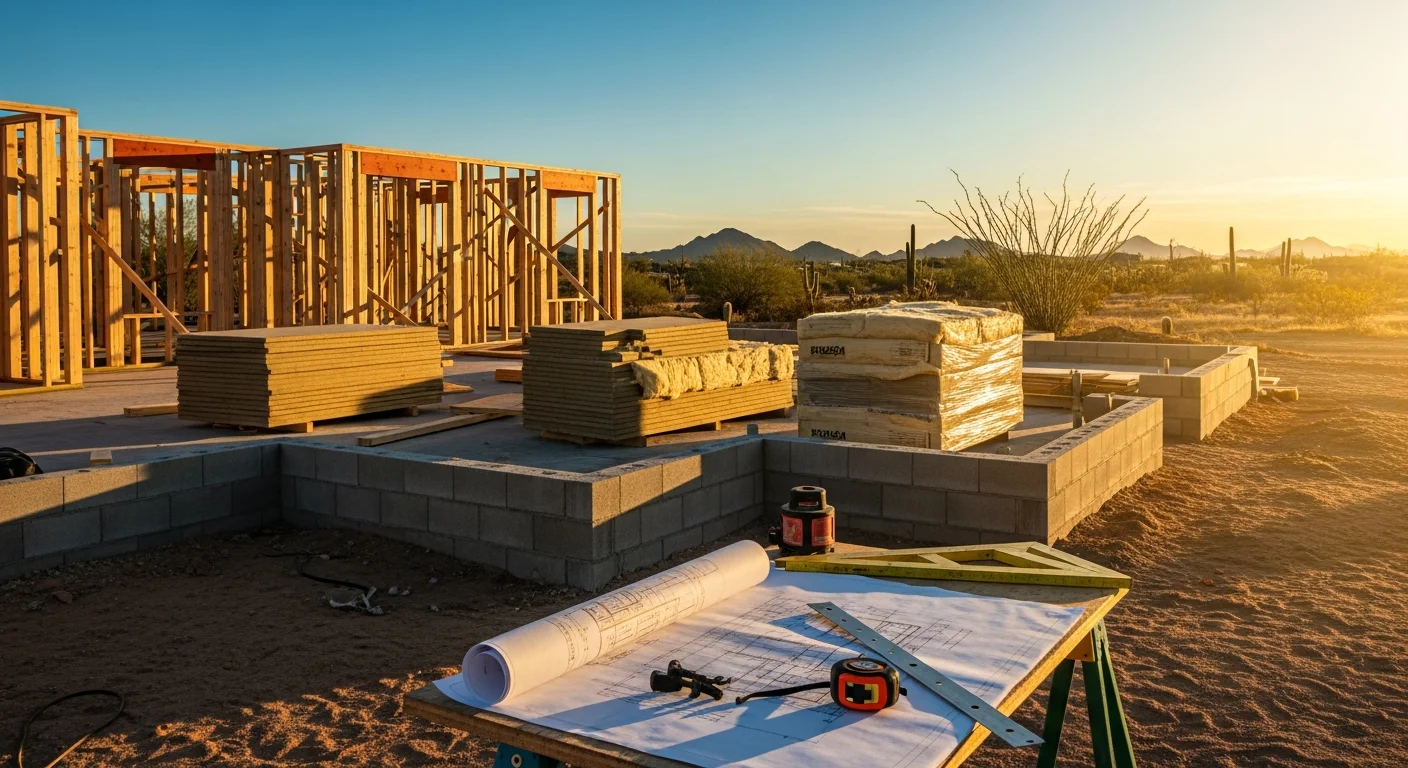 A newly completed single-story custom home in Sun City, Arizona, with a stucco exterior, covered patio, and desert landscaping under a clear blue sky. The home features a low-pitched roof and large shaded windows suited to the Maricopa County desert climate.