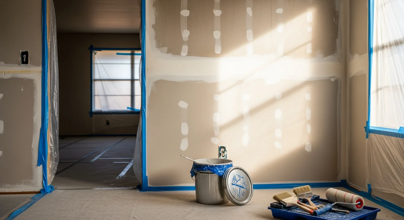 Interior of a Sun City home showing freshly painted walls and ceiling in a living area after fire damage restoration. Smooth, clean surfaces with uniform finish coat applied over sealed, smoke-damaged drywall.