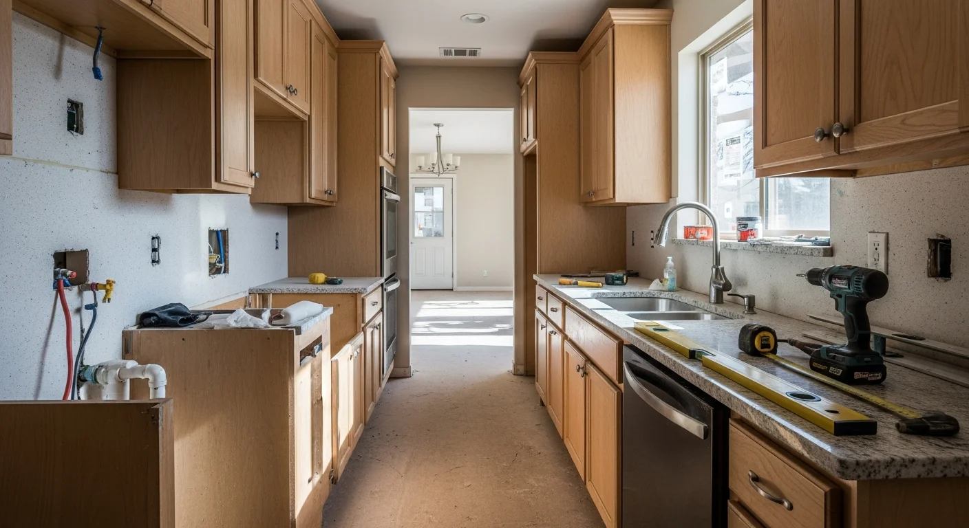 Remodeled kitchen in a Sun City, Arizona ranch-style home featuring new lower cabinets, updated countertops, and recessed lighting. The open layout replaces the original closed floor plan common in 1960s Del Webb construction.