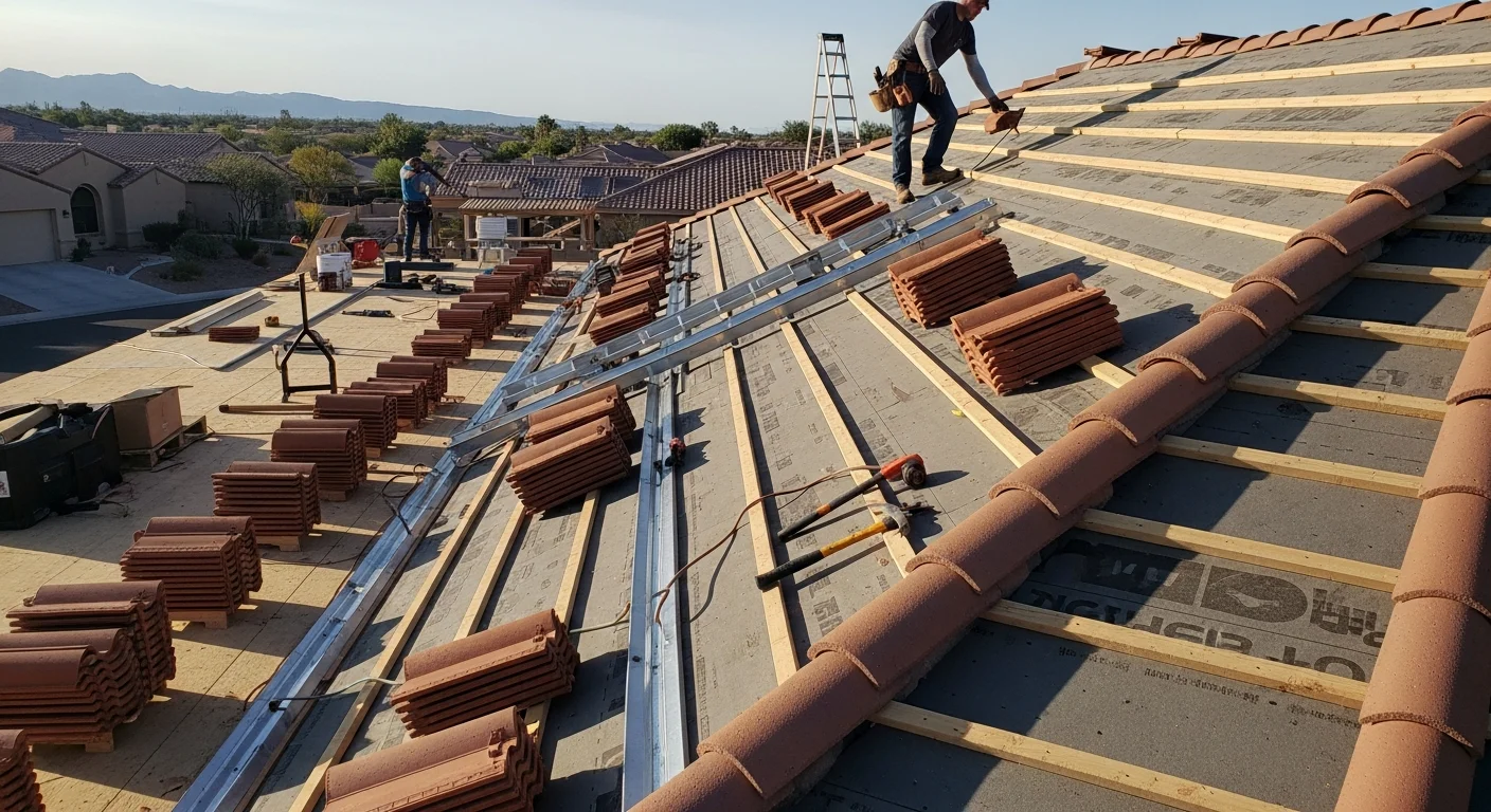 A completed residential roof installation on a single-story Sun City home, showing new tile roofing under a clear Arizona sky. The finished roof covers the full structure with clean ridge lines and consistent tile alignment.