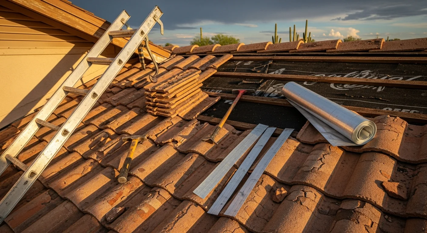 A Sun City residential roof after repair, showing replaced tile sections and resealed flashing along the roofline. The surrounding desert landscape and low-slope patio cover are visible in the background.