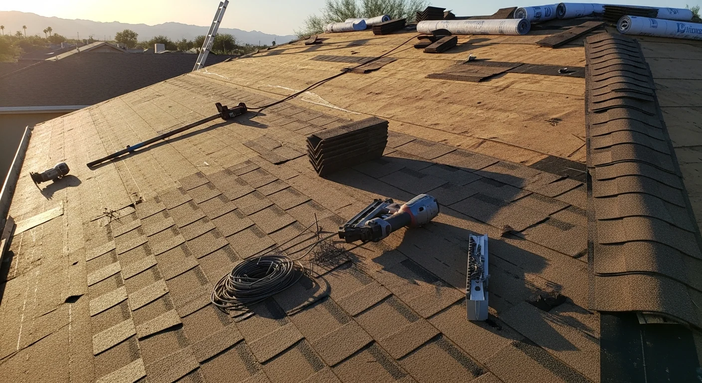 A Sun City residential home with a newly completed roof replacement showing fresh tile installation and clean ridge lines against a clear Arizona sky. The surrounding desert landscaping and single-story home style are typical of the Sun City active adult community.
