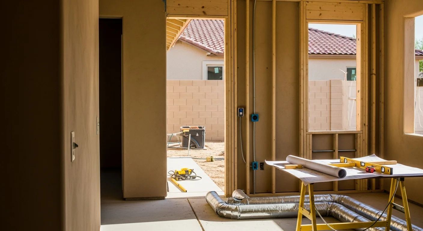 A newly completed single-story room addition attached to a Sun City, Arizona home, with exterior finish and roofline matching the original Del Webb construction. The addition features a window positioned on the north-facing wall to limit direct afternoon sun exposure.
