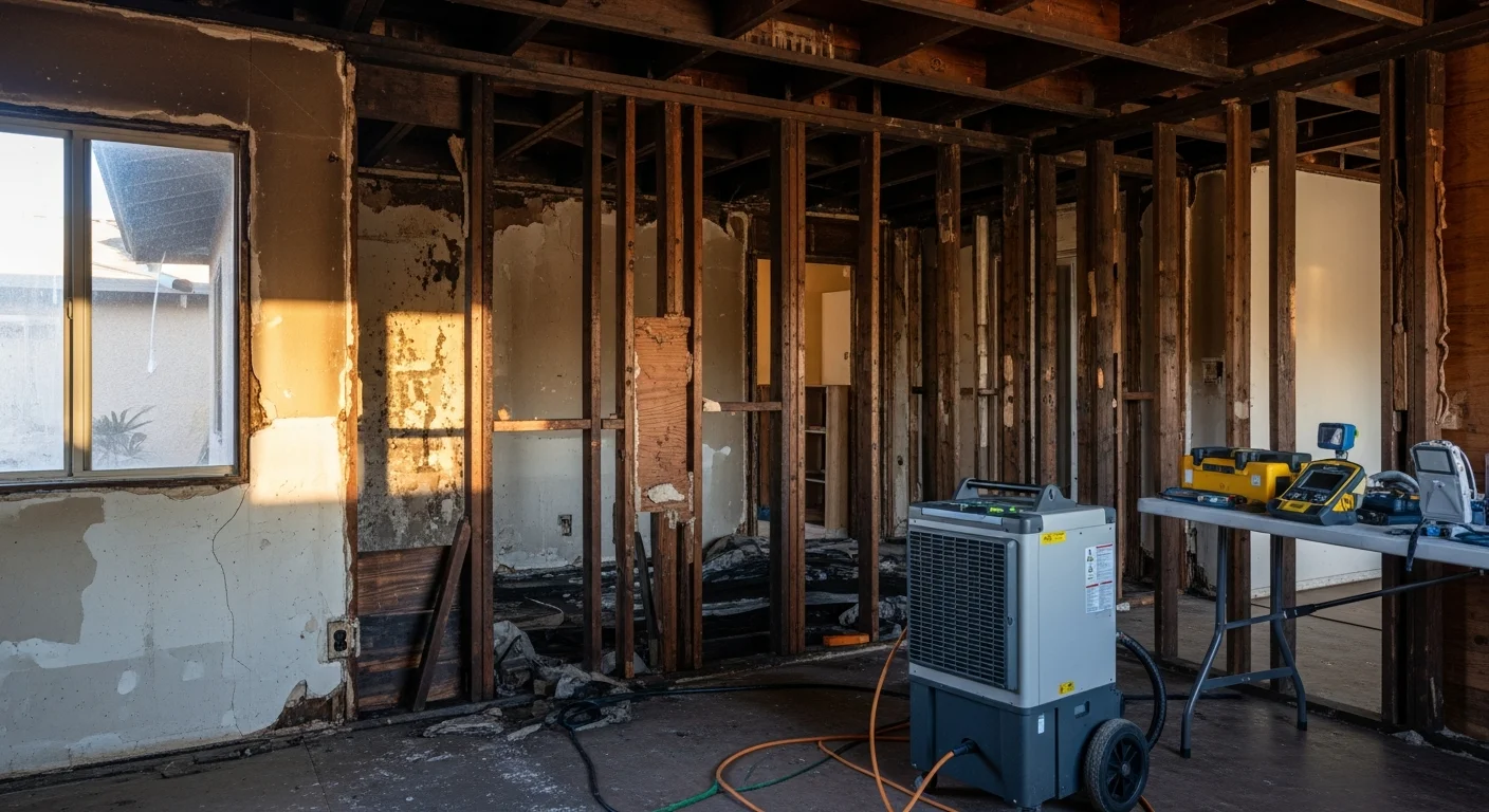 Industrial air movers and dehumidifiers positioned in a fire-damaged Sun City home, drying water-soaked wood framing and subfloor after fire suppression. A technician holds a moisture meter against an interior wall to check drying progress.