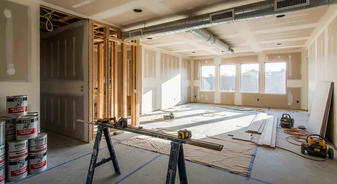 Interior of a remodeled Sun City ranch-style home showing an open kitchen and living area with updated flooring, modern lighting, and fresh cabinetry. The single-story layout reflects a reconfigured floor plan typical of whole home remodel projects in Sun City, Arizona.